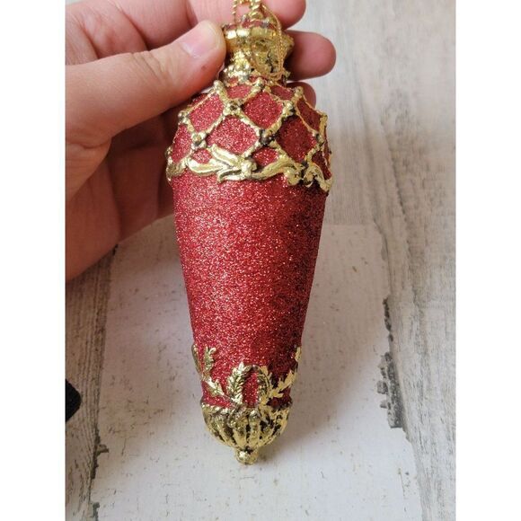 Red glitter mistletoe trim gold ornament Xmas decor - Picture 5 of 7